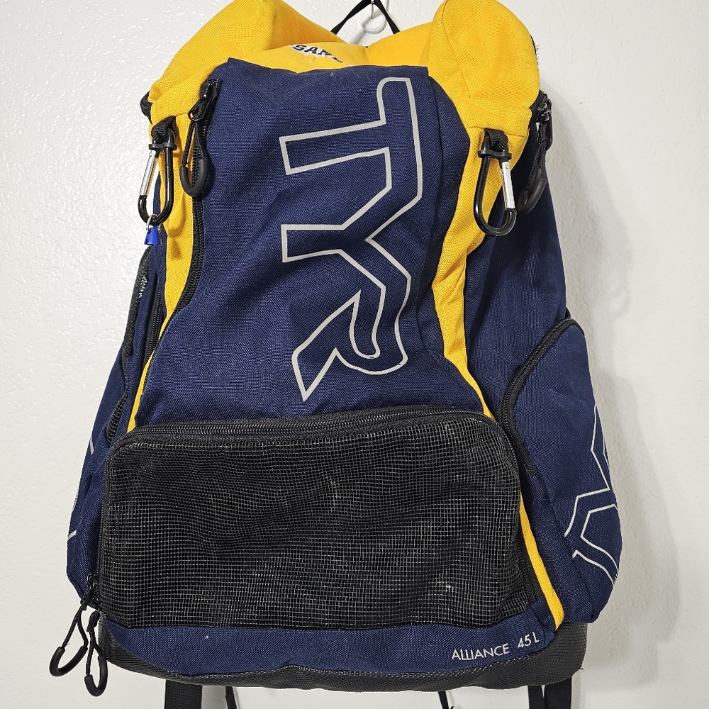 TYR Alliance 45L Backpack Sandpipers Team Swim Gym Bag Navy Yellow
